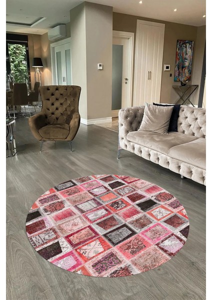 Dijital Kaymaz Yıkanabilir Patchwork Yuvarlak Balkon Mutfak Salon Halısı, N-Y-Patchwork-14-Kırmızı,