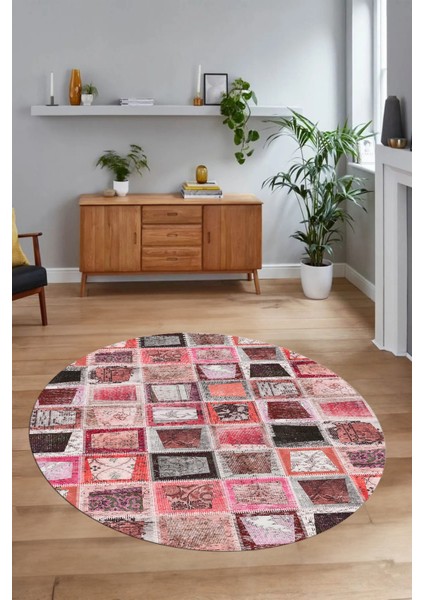 Dijital Kaymaz Yıkanabilir Patchwork Yuvarlak Balkon Mutfak Salon Halısı, N-Y-Patchwork-14-Kırmızı,