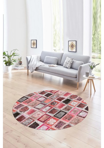 Dijital Kaymaz Yıkanabilir Patchwork Yuvarlak Balkon Mutfak Salon Halısı, N-Y-Patchwork-14-Kırmızı,