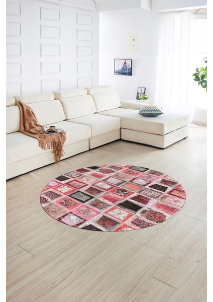 Dijital Kaymaz Yıkanabilir Patchwork Yuvarlak Balkon Mutfak Salon Halısı, N-Y-Patchwork-14-Kırmızı,