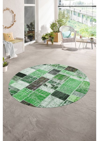 Dijital Kaymaz Yıkanabilir Patchwork Yuvarlak Balkon Mutfak Salon Halısı, N-Y-Patchwork-03-Yeşil,