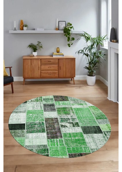 Dijital Kaymaz Yıkanabilir Patchwork Yuvarlak Balkon Mutfak Salon Halısı, N-Y-Patchwork-03-Yeşil, modelleri