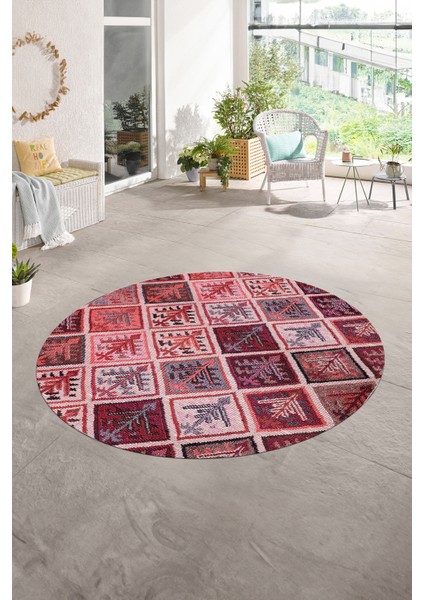 Dijital Kaymaz Yıkanabilir Patchwork Yuvarlak Balkon Mutfak Salon Halısı, N-Y-Patchwork-08-Kırmızı,