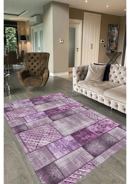 Dijital Baskı Kaymaz Taban Yıkanabilir Patchwork Yolluk Mutfak Salon Halısı, N-Patchwork-18-Mor,