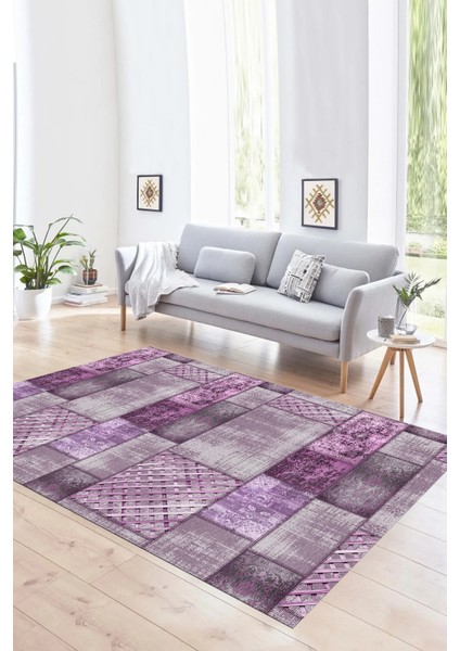 Dijital Baskı Kaymaz Taban Yıkanabilir Patchwork Yolluk Mutfak Salon Halısı, N-Patchwork-18-Mor,