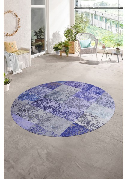 Dijital Kaymaz Yıkanabilir Patchwork Yuvarlak Balkon Mutfak Salon Halısı, N-Y-Patchwork-17-Mavi,