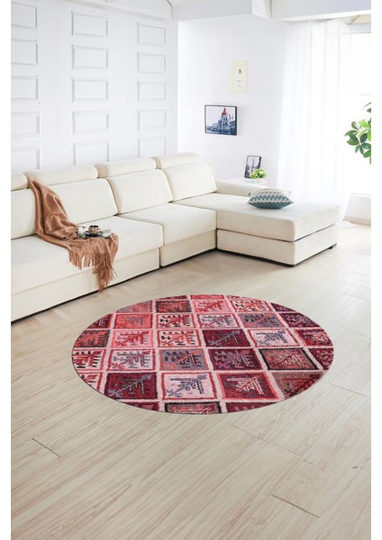 Dijital Kaymaz Yıkanabilir Patchwork Yuvarlak Balkon Mutfak Salon Halısı, N-Y-Patchwork-08-Kırmızı, indirimleri