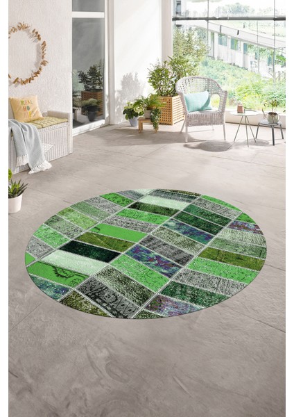 Dijital Kaymaz Yıkanabilir Patchwork Yuvarlak Balkon Mutfak Salon Halısı, N-Y-Patchwork-10-Yeşil,