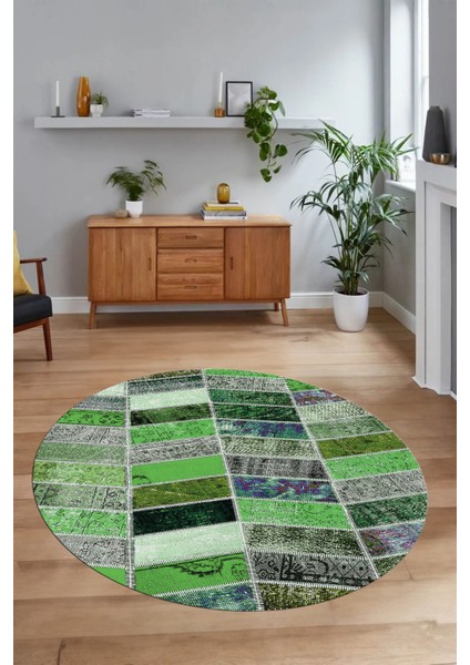 Dijital Kaymaz Yıkanabilir Patchwork Yuvarlak Balkon Mutfak Salon Halısı, N-Y-Patchwork-10-Yeşil, modelleri