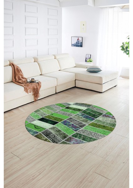 Dijital Kaymaz Yıkanabilir Patchwork Yuvarlak Balkon Mutfak Salon Halısı, N-Y-Patchwork-10-Yeşil, indirimleri