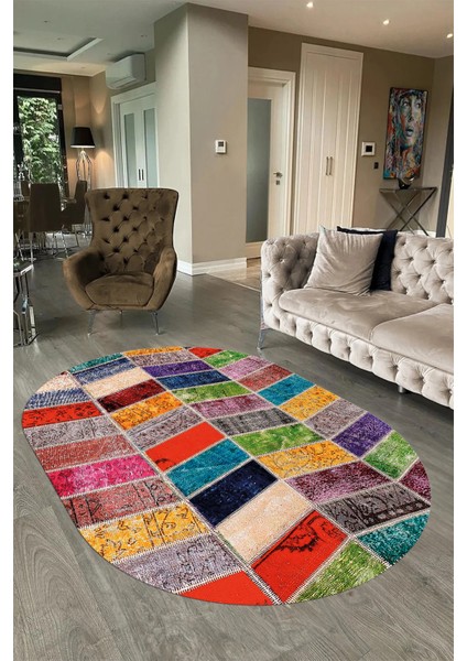 Dijital Kaymaz Yıkanabilir Patchwork Oval Yolluk Mutfak Salon Halısı, N-O-Patchwork-10-Renkli,