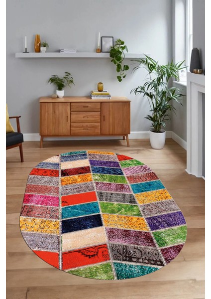 Dijital Kaymaz Yıkanabilir Patchwork Oval Yolluk Mutfak Salon Halısı, N-O-Patchwork-10-Renkli,
