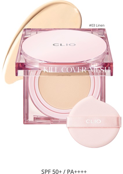 Yoğun Nem ve Işıltı Veren Cushion Clio Kill Cover Mesh Glow Cushion+Refill (3 Linen) SPF50+PA++++