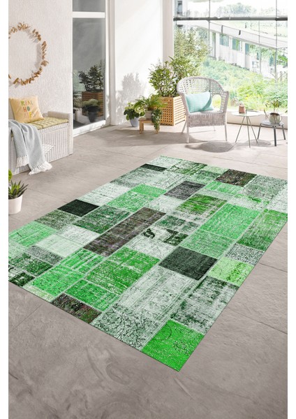 Dijital Baskı Kaymaz Taban Yıkanabilir Patchwork Yolluk Mutfak Salon Halısı, N-Patchwork-03-Yeşil,