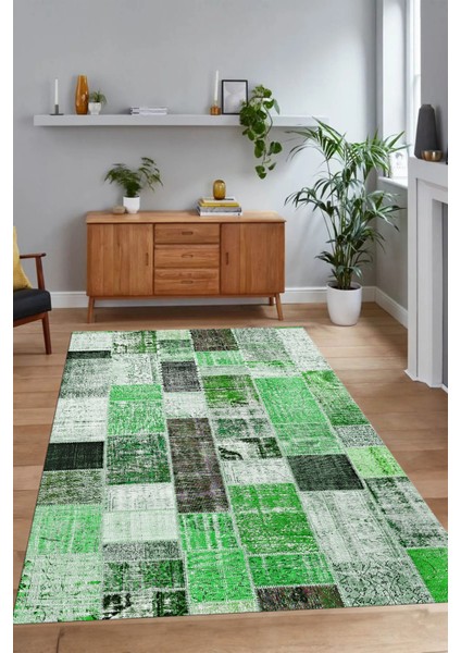 Dijital Baskı Kaymaz Taban Yıkanabilir Patchwork Yolluk Mutfak Salon Halısı, N-Patchwork-03-Yeşil, modelleri