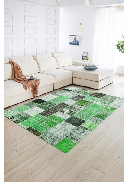 Dijital Baskı Kaymaz Taban Yıkanabilir Patchwork Yolluk Mutfak Salon Halısı, N-Patchwork-03-Yeşil, indirimleri