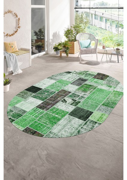 Dijital Kaymaz Yıkanabilir Patchwork Oval Yolluk Mutfak Salon Halısı, N-O-Patchwork-03-Yeşil,