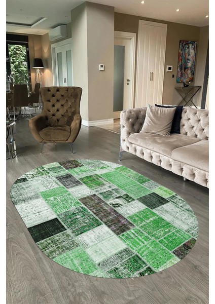 Dijital Kaymaz Yıkanabilir Patchwork Oval Yolluk Mutfak Salon Halısı, N-O-Patchwork-03-Yeşil, fiyatları