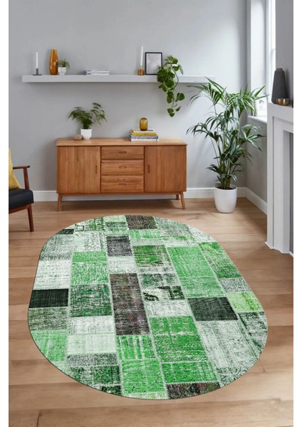 Dijital Kaymaz Yıkanabilir Patchwork Oval Yolluk Mutfak Salon Halısı, N-O-Patchwork-03-Yeşil, modelleri