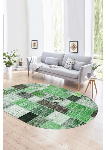 Dijital Kaymaz Yıkanabilir Patchwork Oval Yolluk Mutfak Salon Halısı, N-O-Patchwork-03-Yeşil, fırsatları