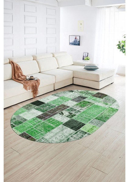 Dijital Kaymaz Yıkanabilir Patchwork Oval Yolluk Mutfak Salon Halısı, N-O-Patchwork-03-Yeşil, indirimleri
