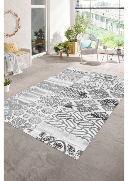 Dijital Baskı Kaymaz Taban Yıkanabilir Patchwork Yolluk Mutfak Salon Halısı, N-Patchwork-02-Gri,