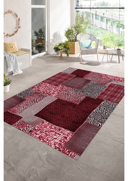 Dijital Baskı Kaymaz Taban Yıkanabilir Patchwork Yolluk Mutfak Salon Halısı, N-Patchwork-15-Kırmızı,