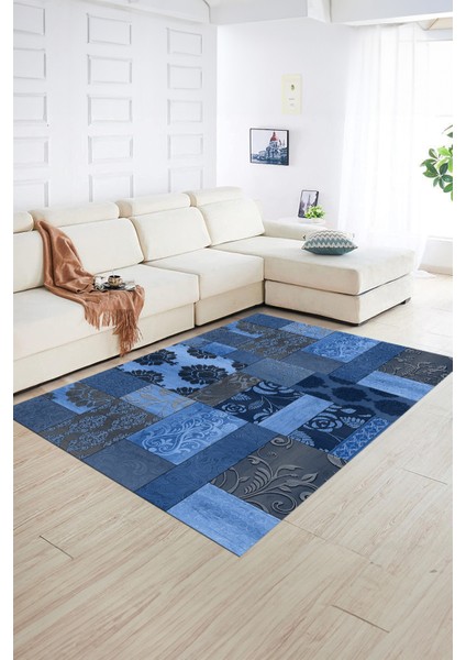 Dijital Baskı Kaymaz Taban Yıkanabilir Patchwork Yolluk Mutfak Salon Halısı, N-Patchwork-16-Mavi,