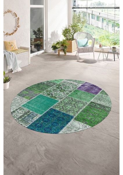 Dijital Kaymaz Yıkanabilir Patchwork Yuvarlak Balkon Mutfak Salon Halısı, N-Y-Patchwork-01-Yeşil,