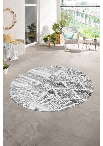 Dijital Kaymaz Yıkanabilir Patchwork Yuvarlak Balkon Mutfak Salon Halısı, N-Y-Patchwork-02-Gri,