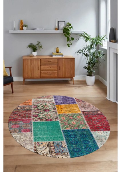 Dijital Kaymaz Yıkanabilir Patchwork Yuvarlak Balkon Mutfak Salon Halısı, N-Y-Patchwork-01-Renkli, modelleri