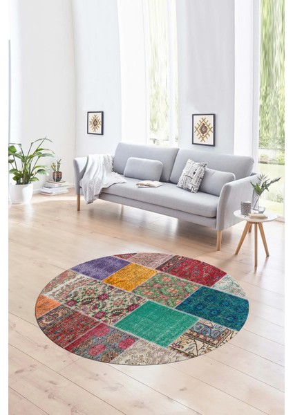 Dijital Kaymaz Yıkanabilir Patchwork Yuvarlak Balkon Mutfak Salon Halısı, N-Y-Patchwork-01-Renkli, fırsatları