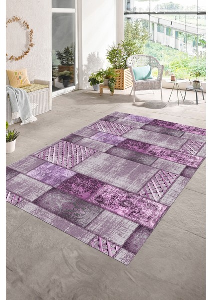 Dijital Baskı Kaymaz Taban Yıkanabilir Patchwork Yolluk Mutfak Salon Halısı, N-Patchwork-18-Mor,