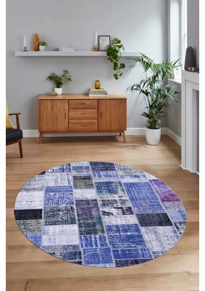 Dijital Kaymaz Yıkanabilir Patchwork Yuvarlak Balkon Mutfak Salon Halısı, N-Y-Patchwork-03-Mavi, modelleri