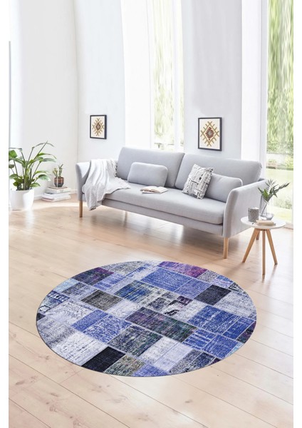 Dijital Kaymaz Yıkanabilir Patchwork Yuvarlak Balkon Mutfak Salon Halısı, N-Y-Patchwork-03-Mavi, fırsatları