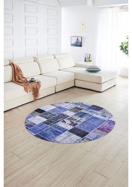 Dijital Kaymaz Yıkanabilir Patchwork Yuvarlak Balkon Mutfak Salon Halısı, N-Y-Patchwork-03-Mavi, indirimleri