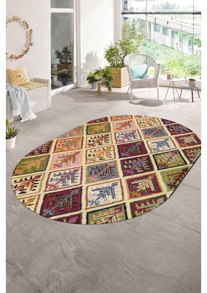 Dijital Kaymaz Yıkanabilir Patchwork Oval Yolluk Mutfak Salon Halısı, N-O-Patchwork-08-Renkli,