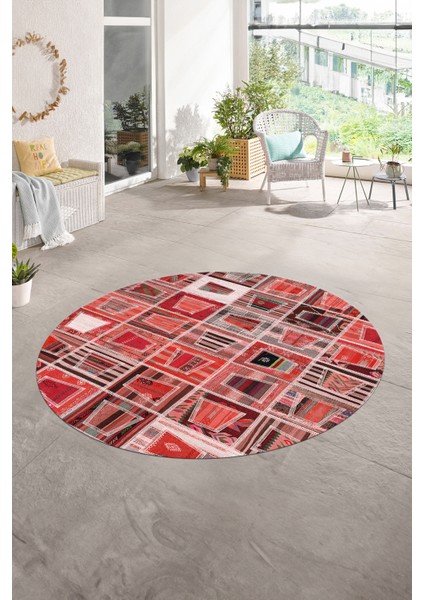 Dijital Kaymaz Yıkanabilir Patchwork Yuvarlak Balkon Mutfak Salon Halısı, N-Y-Patchwork-11-Kırmızı,
