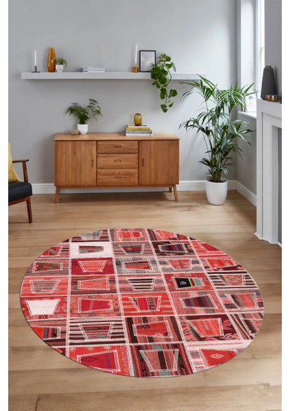 Dijital Kaymaz Yıkanabilir Patchwork Yuvarlak Balkon Mutfak Salon Halısı, N-Y-Patchwork-11-Kırmızı, modelleri