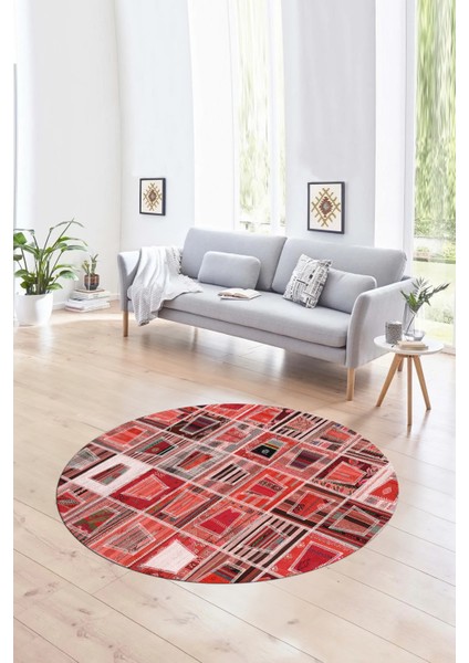 Dijital Kaymaz Yıkanabilir Patchwork Yuvarlak Balkon Mutfak Salon Halısı, N-Y-Patchwork-11-Kırmızı, fırsatları