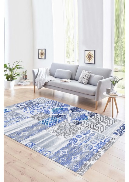 Dijital Baskı Kaymaz Taban Yıkanabilir Patchwork Yolluk Mutfak Salon Halısı, N-Patchwork-02-Mavi, fırsatları