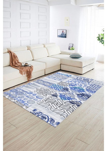 Dijital Baskı Kaymaz Taban Yıkanabilir Patchwork Yolluk Mutfak Salon Halısı, N-Patchwork-02-Mavi, indirimleri