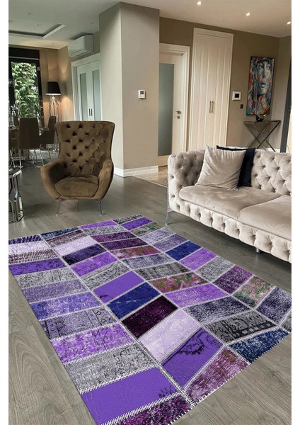 Dijital Baskı Kaymaz Taban Yıkanabilir Patchwork Yolluk Mutfak Salon Halısı, N-Patchwork-10-Mor,