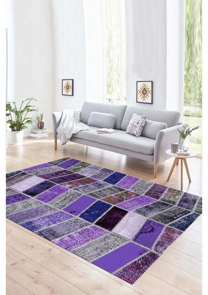 Dijital Baskı Kaymaz Taban Yıkanabilir Patchwork Yolluk Mutfak Salon Halısı, N-Patchwork-10-Mor,