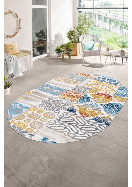 Dijital Kaymaz Yıkanabilir Patchwork Oval Yolluk Mutfak Salon Halısı, N-O-Patchwork-02-Renkli,