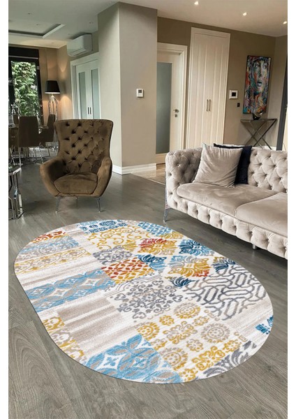 Dijital Kaymaz Yıkanabilir Patchwork Oval Yolluk Mutfak Salon Halısı, N-O-Patchwork-02-Renkli,