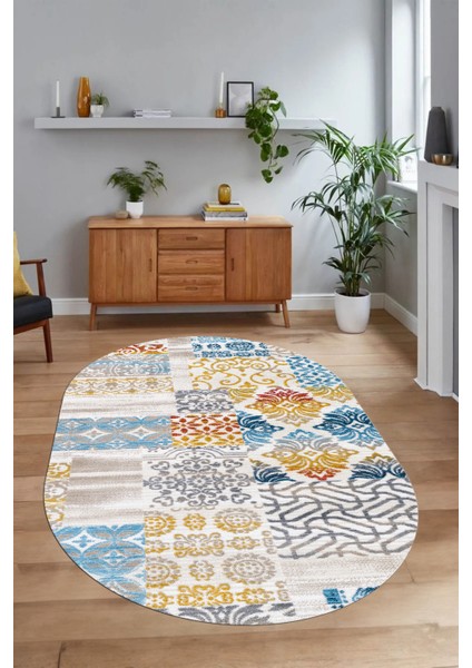 Dijital Kaymaz Yıkanabilir Patchwork Oval Yolluk Mutfak Salon Halısı, N-O-Patchwork-02-Renkli,