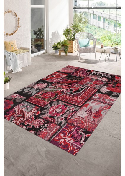Dijital Baskı Kaymaz Taban Yıkanabilir Patchwork Yolluk Mutfak Salon Halısı, N-Patchwork-12-Kırmızı,