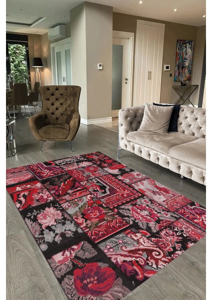 Dijital Baskı Kaymaz Taban Yıkanabilir Patchwork Yolluk Mutfak Salon Halısı, N-Patchwork-12-Kırmızı,