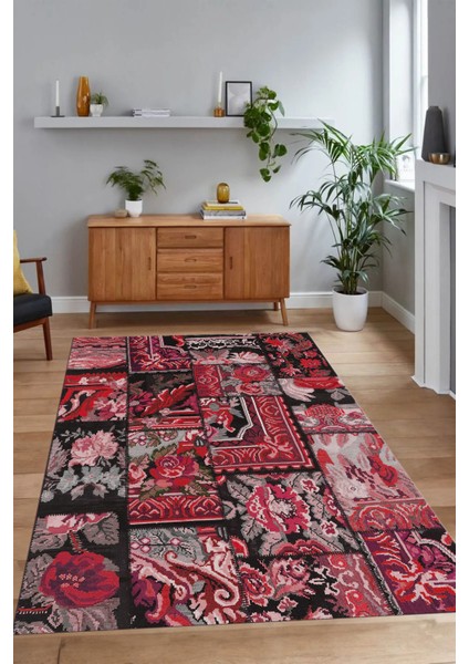 Dijital Baskı Kaymaz Taban Yıkanabilir Patchwork Yolluk Mutfak Salon Halısı, N-Patchwork-12-Kırmızı,